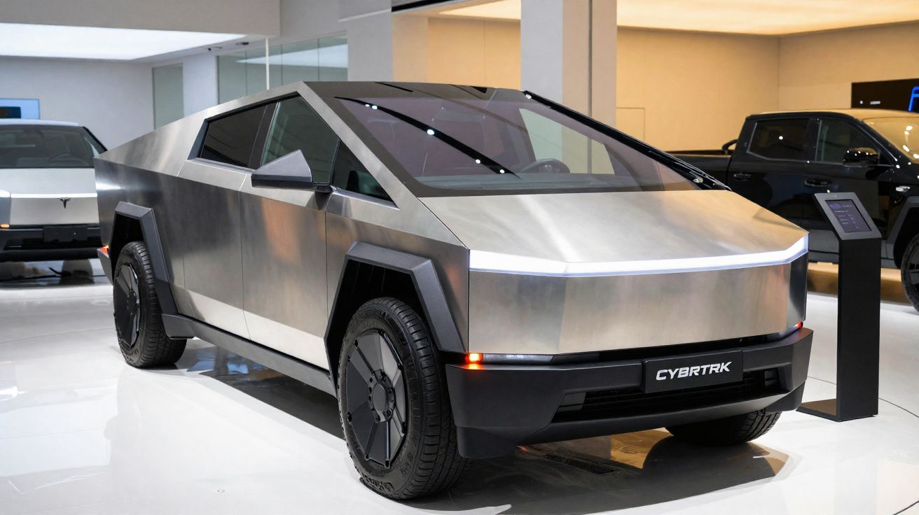 Picape elétrica Tesla Cybertruck com design futurista em acabamento metálico exposta em showroom.