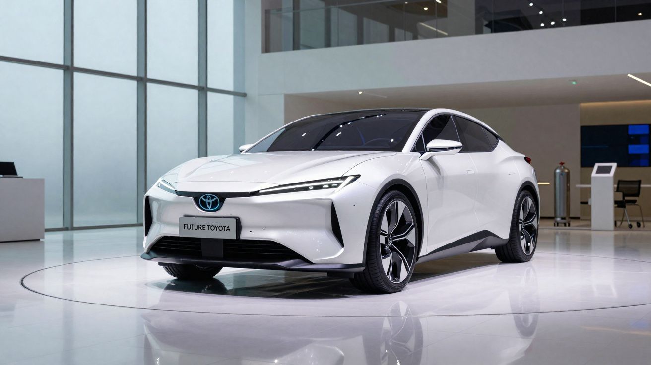 Carro elétrico branco Toyota Future em exposição moderna e iluminada.