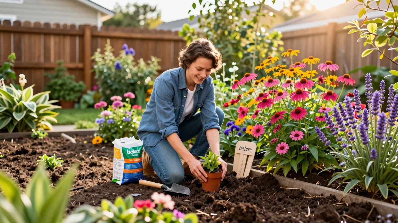Mulher jardinando, plantando muda em vaso, rodeada por flores coloridas em jardim ensolarado.