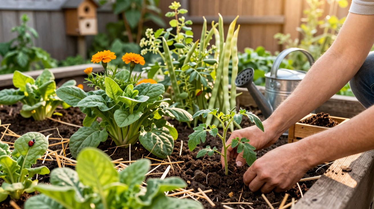 Pessoa plantando muda de tomate em horta com flores e outros vegetais sob luz do sol.