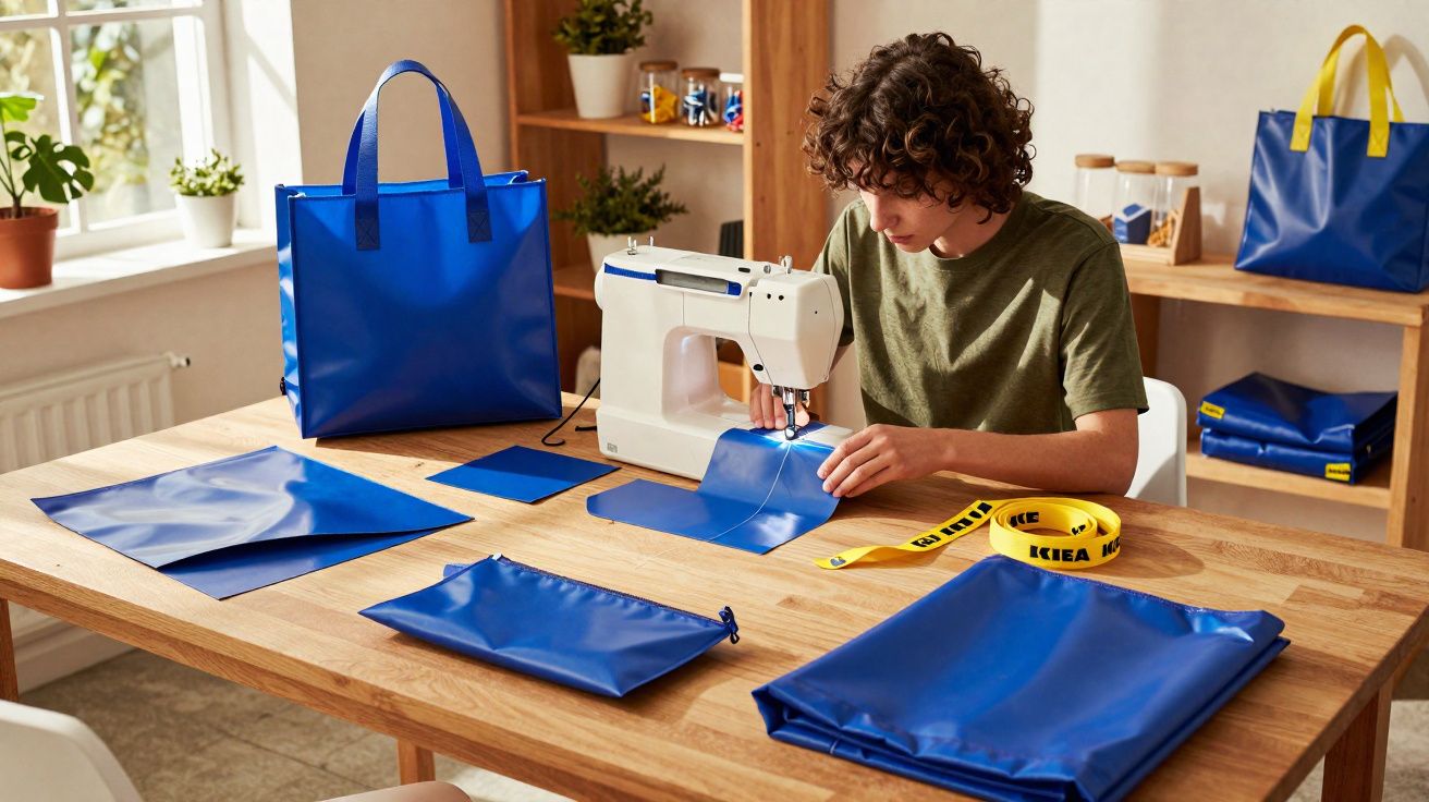 Pessoa costurando tecido azul em máquina de costura, com bolsas e fita amarela IKEA sobre mesa de madeira.
