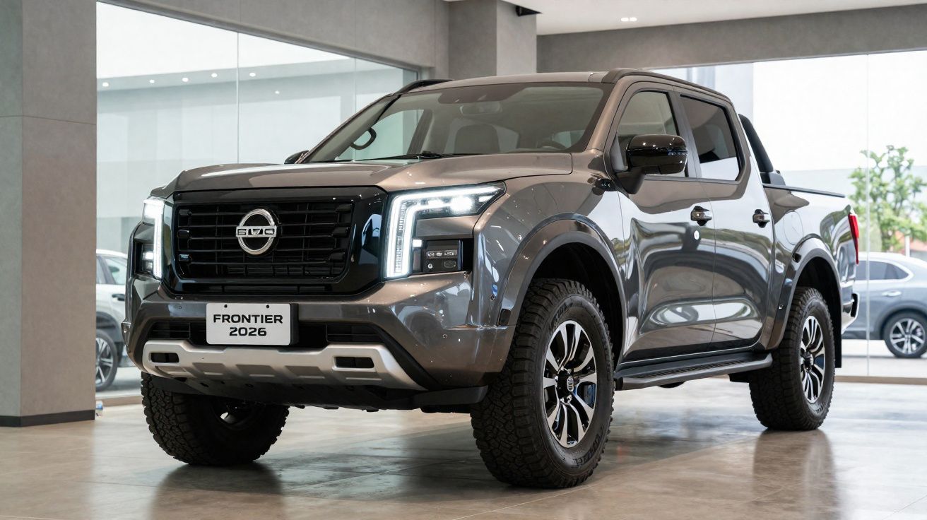 Picape Nissan Frontier 2026 cinza estacionada em showroom moderno e iluminado.