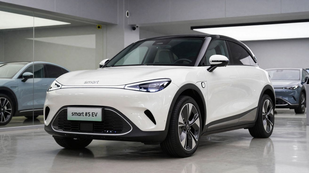 Carro elétrico branco Smart #5 EV estacionado em ambiente interno e moderno.