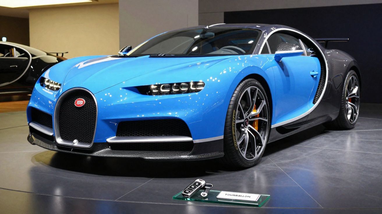 Carro esportivo Bugatti Chiron azul e preto exibido em salão automotivo com chave sobre o chão.