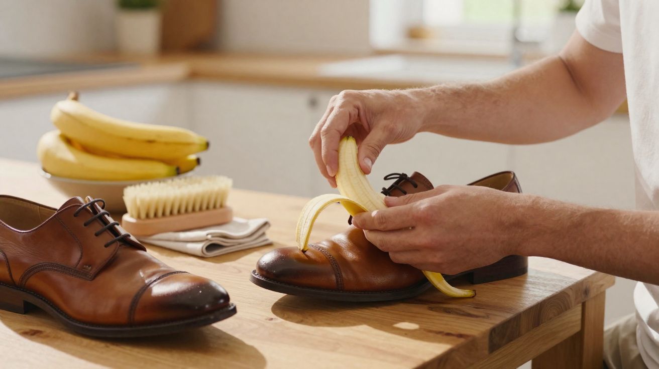Pessoa descascando uma banana sobre sapato masculino de couro marrom em mesa de madeira.
