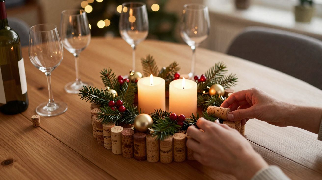 Mãos decorando guirlanda com rolhas, velas acesas, pinhas e bolas douradas sobre mesa de madeira.