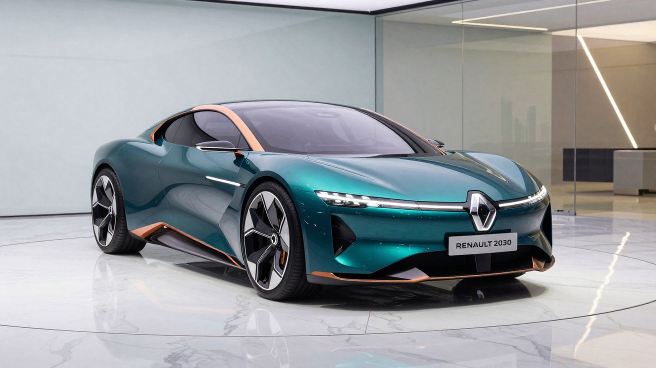 Carro esportivo conceitual Renault 2030 verde com detalhes em cobre em ambiente interno moderno.
