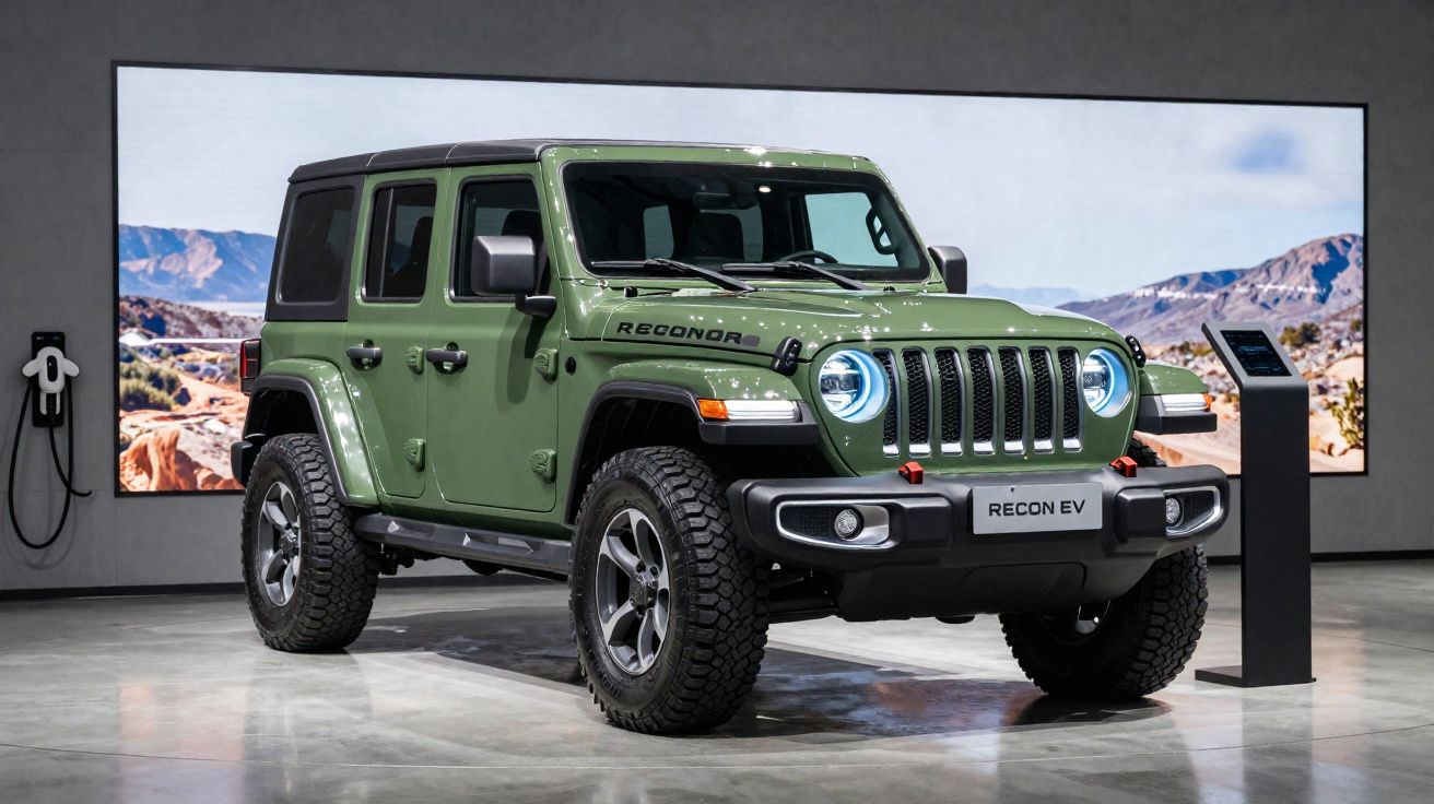 Carro SUV elétrico verde militar apresentado em ambiente interno com tela de deserto ao fundo.