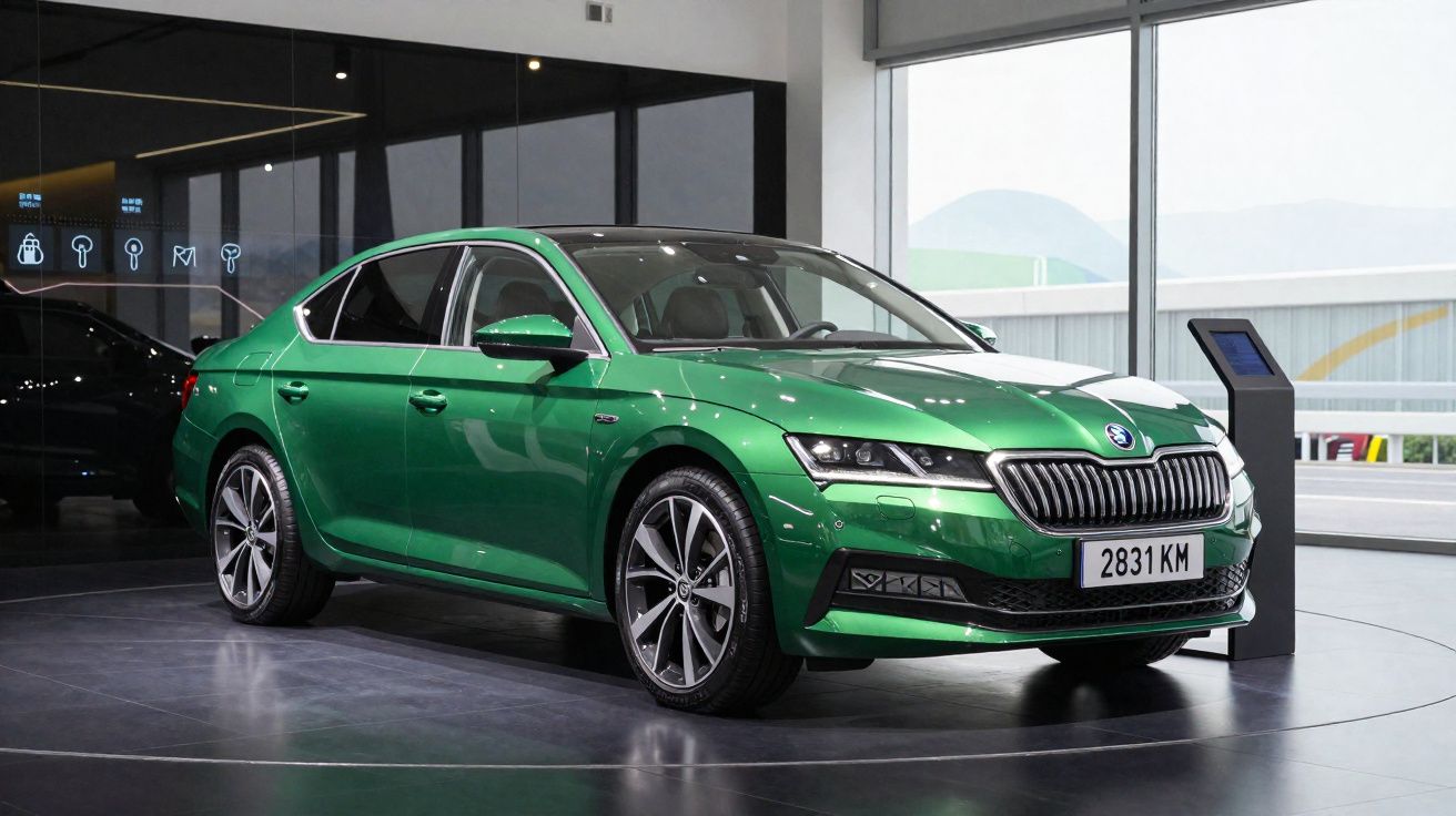 Carro sedan verde metálico exibido em showroom com design moderno e rodas esportivas.