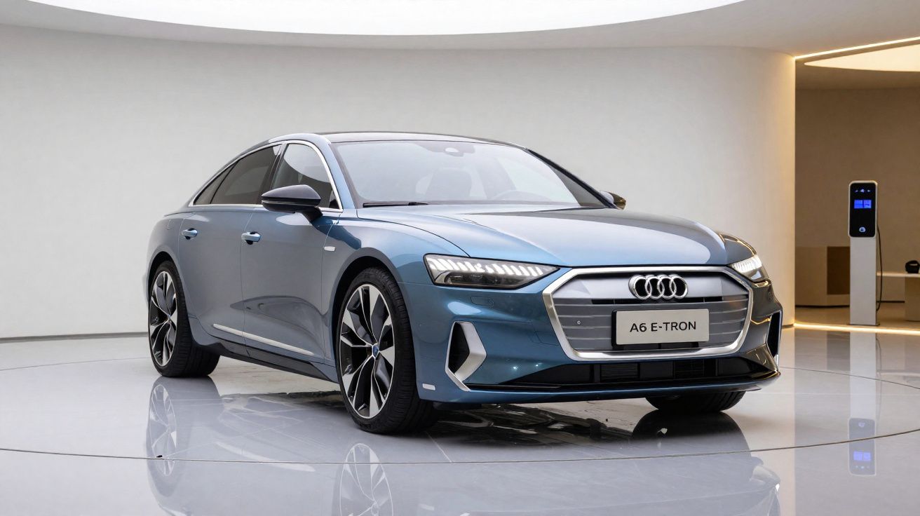 Audi A6 E-Tron azul elétrico em exposição em ambiente moderno e iluminado.