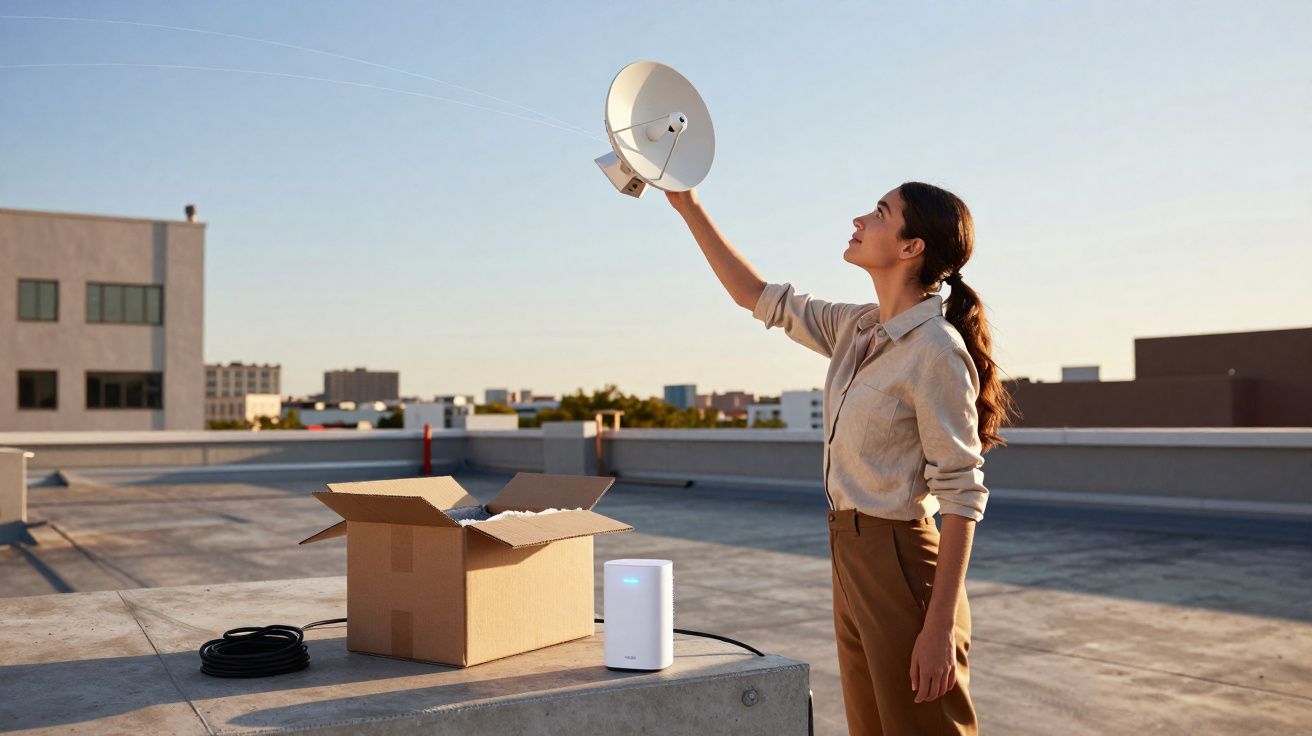 Mulher ajusta antena parabólica no telhado ao lado de caixa de papelão e aparelho eletrônico branco.