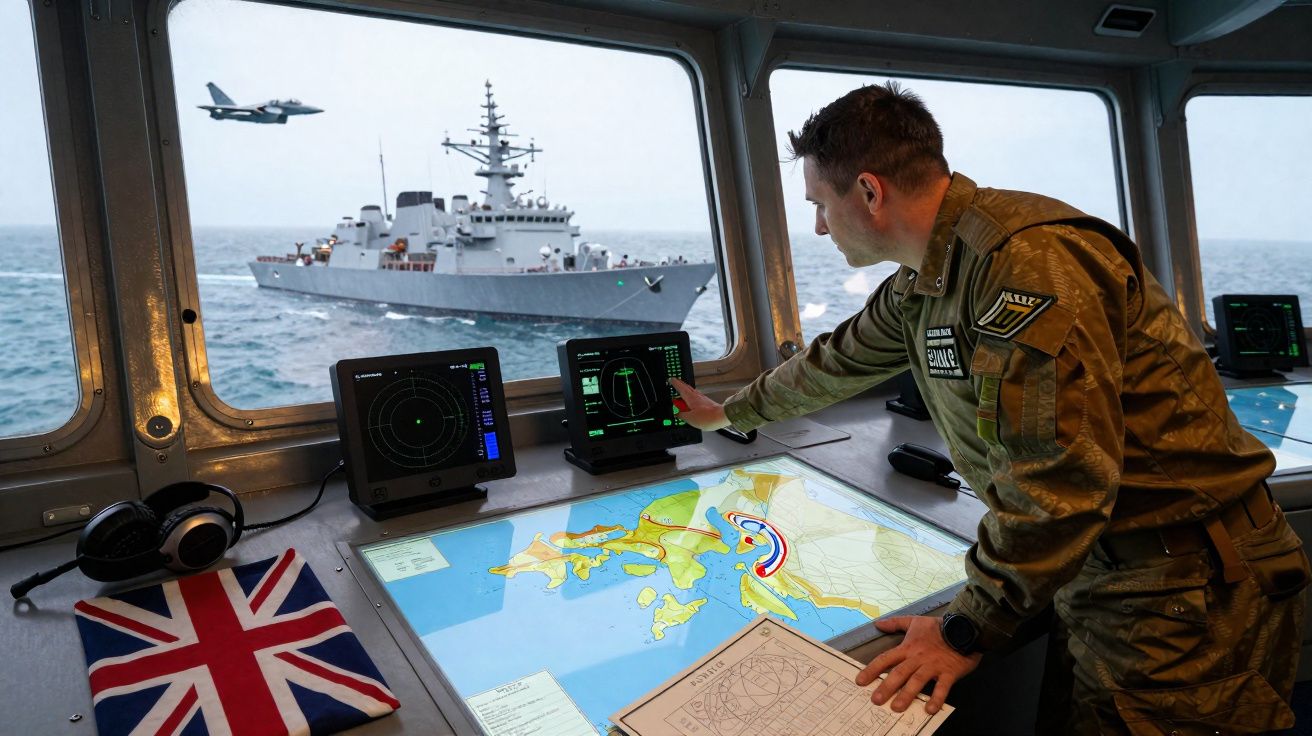 Militar em uniforme opera equipamentos de navegação naval enquanto observa navio de guerra e caça no mar.