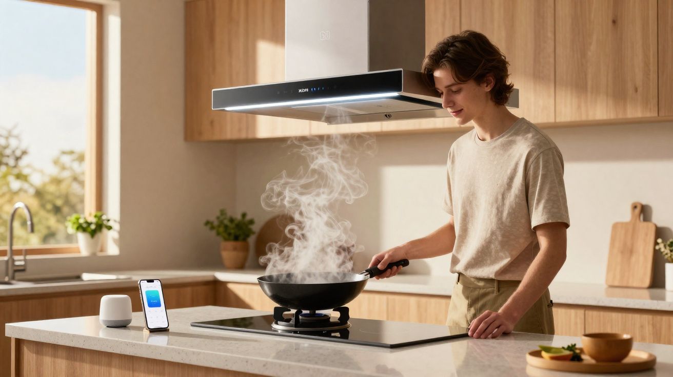 Jovem cozinhando em cozinha moderna com coifa aspirando vapor de panela na bancada central.