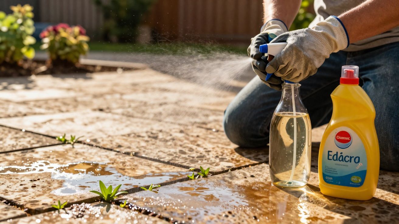Pessoa com luvas aplicando herbicida caseiro em plantas daninhas entre lajotas no jardim.