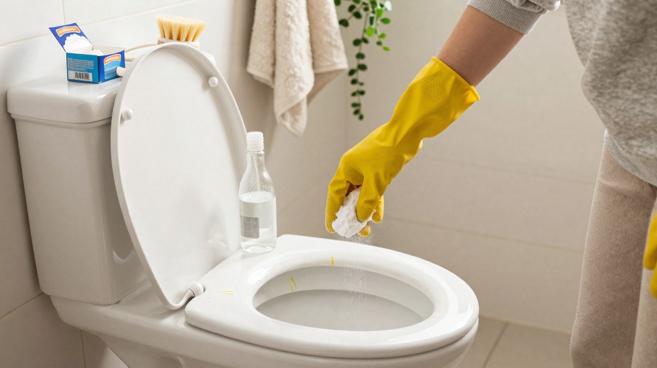 Pessoa com luvas amarelas limpando vaso sanitário branco em banheiro com toalhas ao fundo.