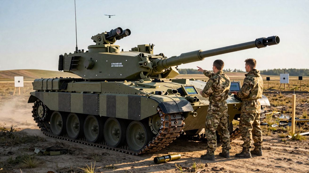 Dois soldados em uniforme camuflado operam computador perto de tanque de guerra em área aberta com alvos ao fundo.