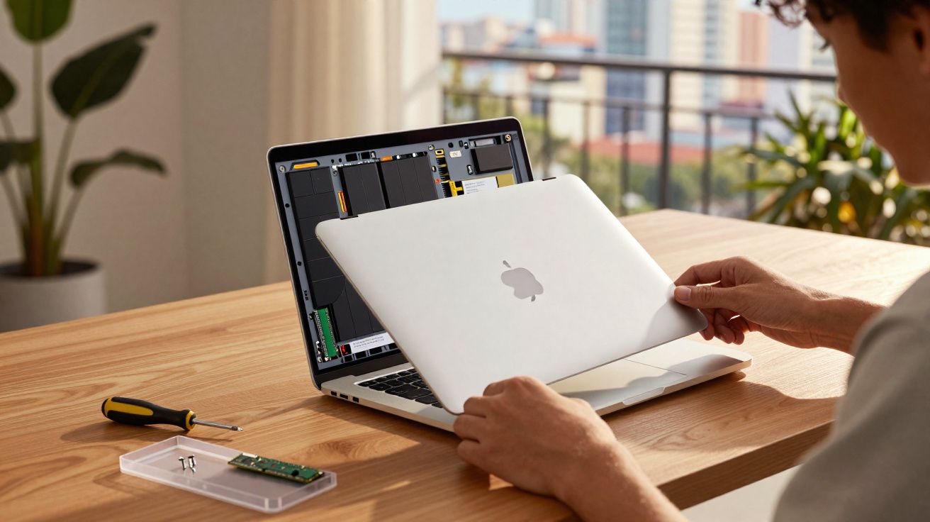 Pessoa abrindo um MacBook em mesa de madeira para conserto, com ferramenta e peça ao lado.