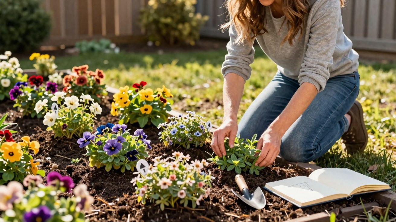 Pessoa plantando flores coloridas em canteiro de jardim com livro aberto e ferramenta ao lado.