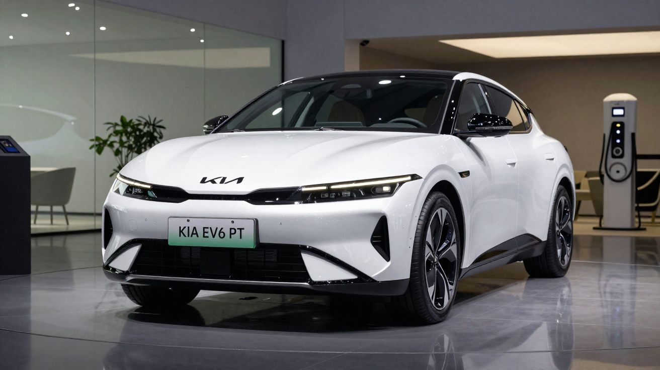 Carro elétrico branco Kia EV6 estacionado em showroom moderno com carregador ao fundo.