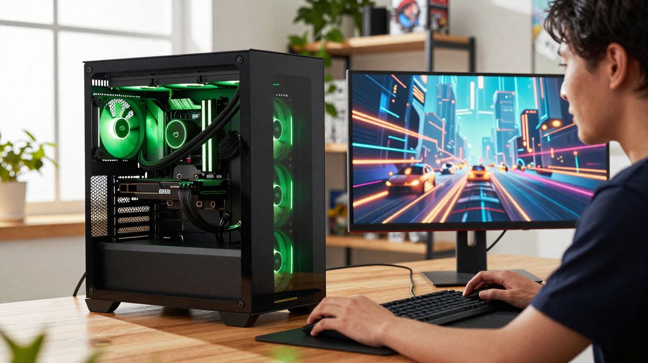 Pessoa jogando videogame em computador com gabinete iluminado em verde em mesa de madeira.