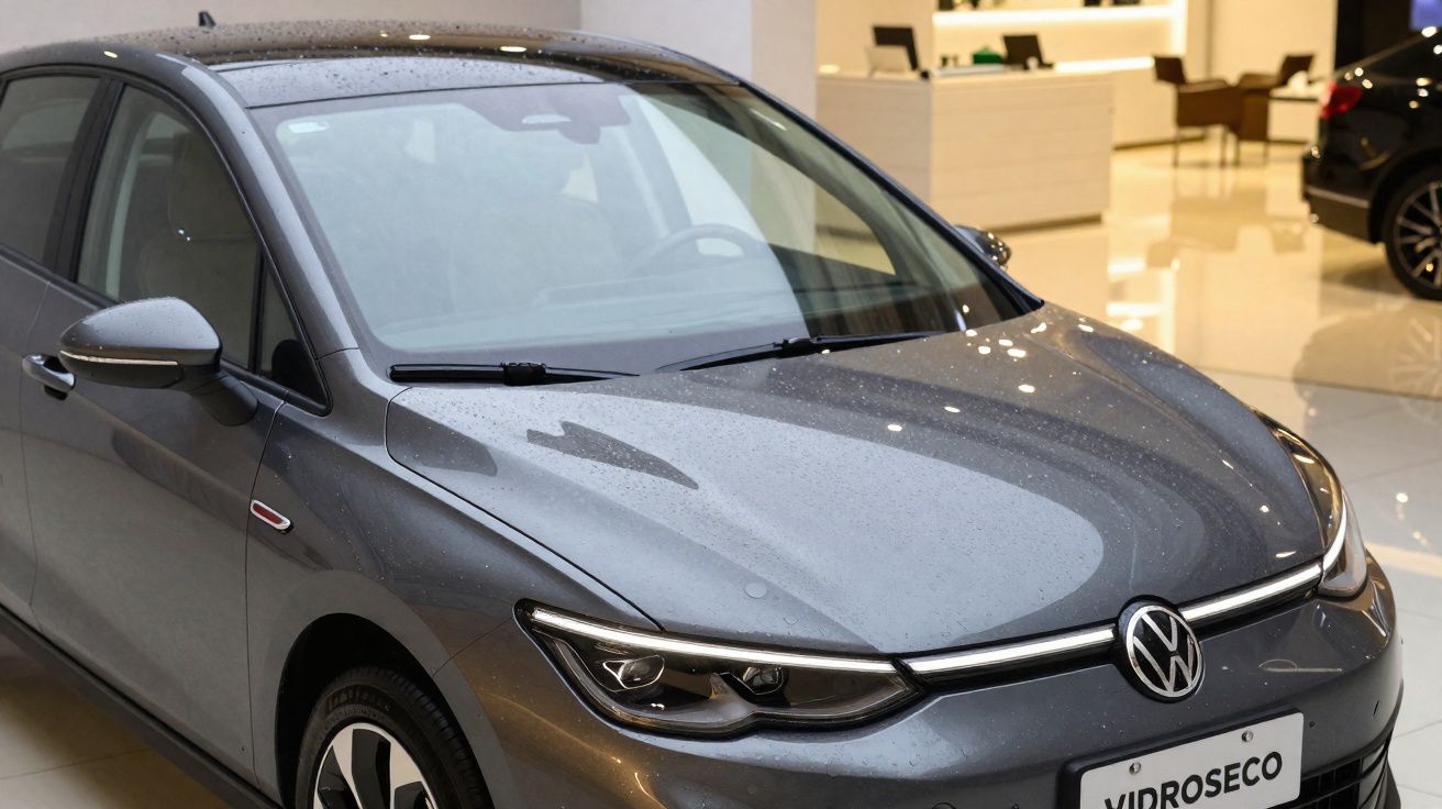 Carro cinza Volkswagen estacionado em showroom, com gotas de água na lataria.