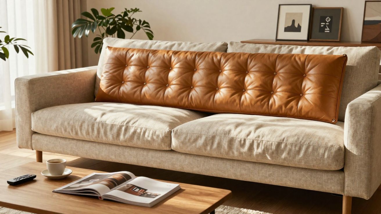 Sofá bege com almofada longa de couro caramelo, mesa de madeira com revista e xícara, plantas ao fundo.
