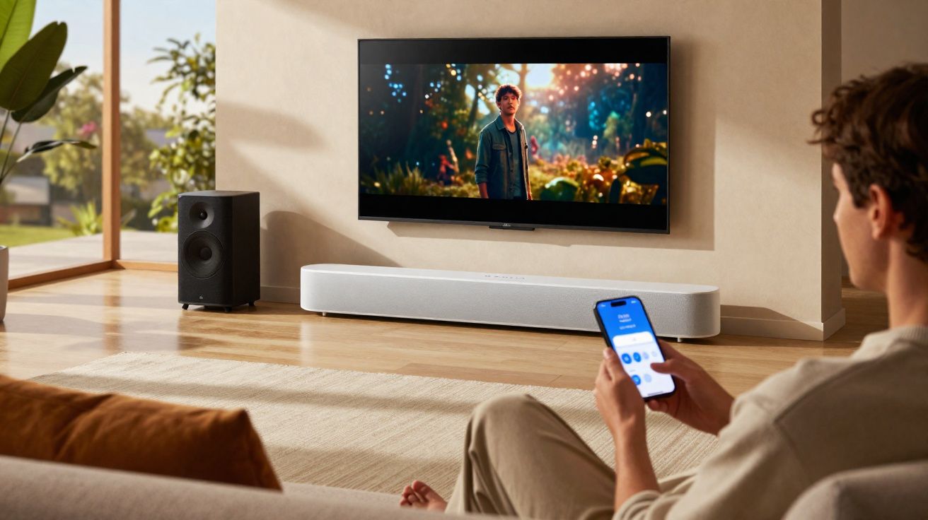 Pessoa sentada no sofá controlando a smart TV com celular em sala moderna e iluminada.