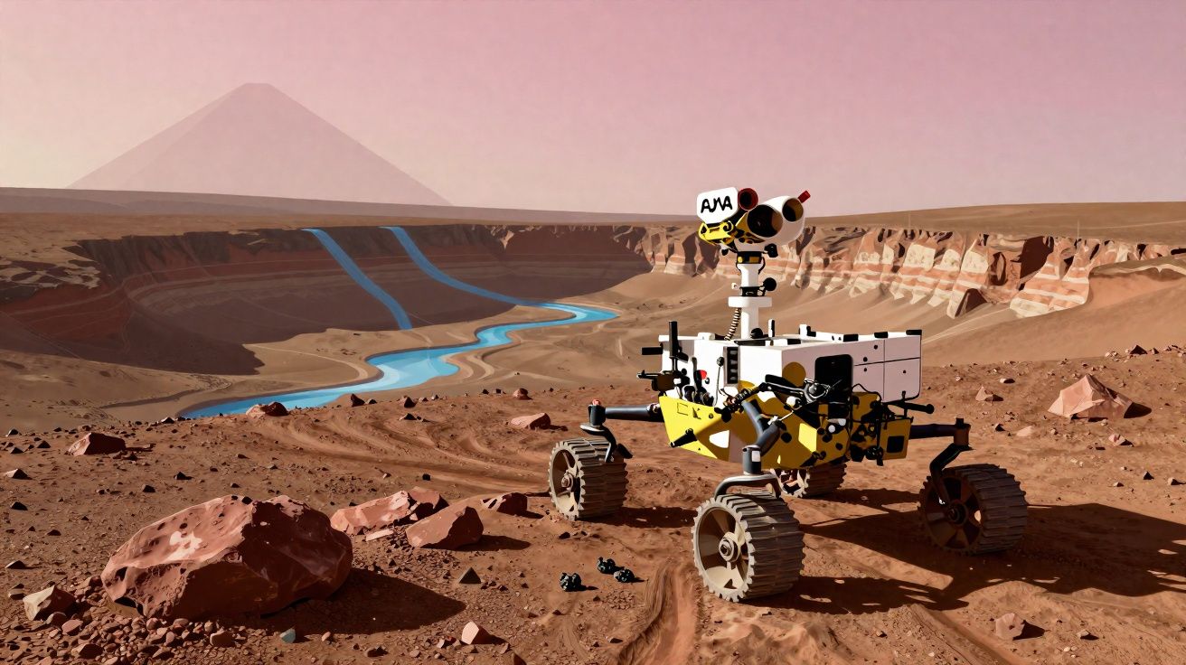 Rover marciano explorando terreno com rochas e cânion ao fundo, sob céu rosado ao entardecer.