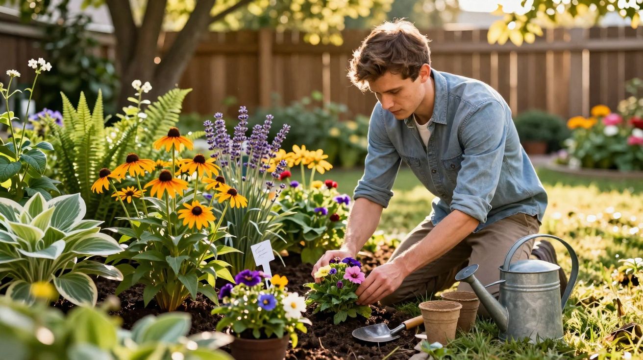Jovem cuidando de flores em jardim colorido com regador e ferramentas ao redor em dia ensolarado.