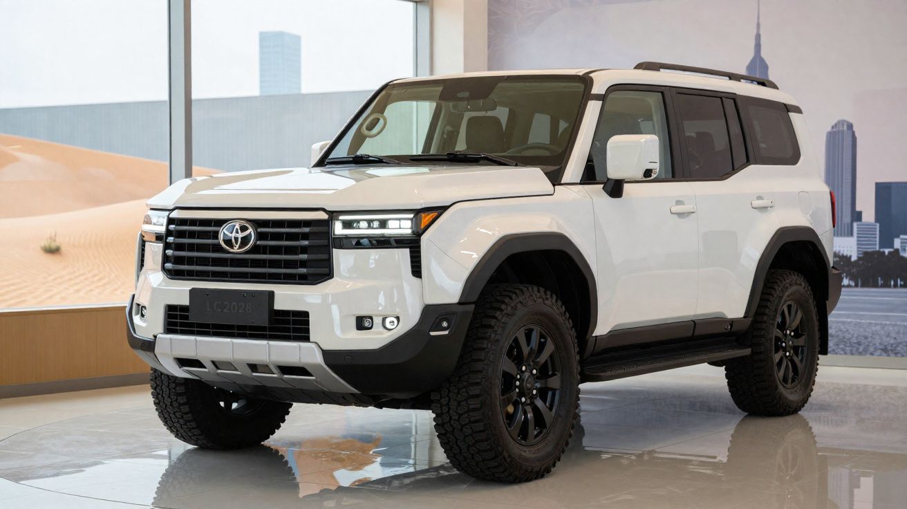 SUV branco Toyota Land Cruiser 2024 exposto em ambiente interno com parede decorada e piso brilhante.