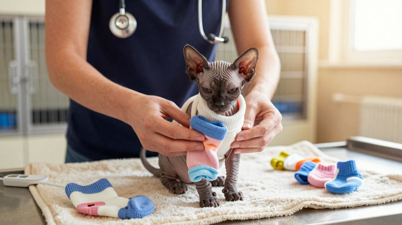 Veterinário colocando meias coloridas em gato Sphynx na mesa de exame.