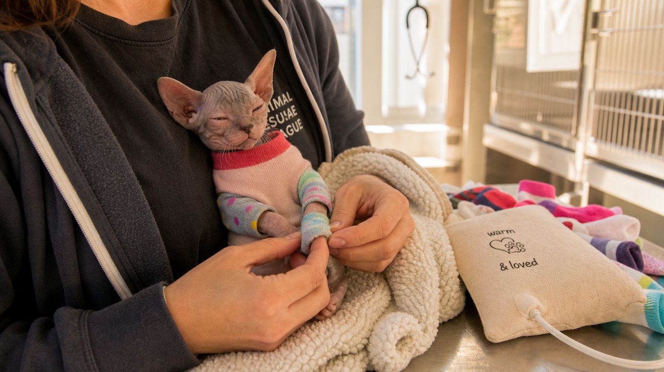 Pessoa segurando gato sphynx com roupinha colorida e cobertor felpudo em ambiente de clínica veterinária.