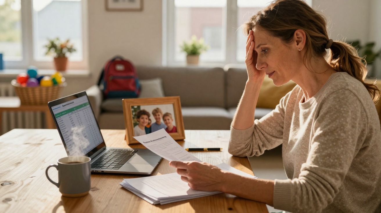 Mulher preocupada lendo documento sentada à mesa com laptop, café e foto de família ao fundo.