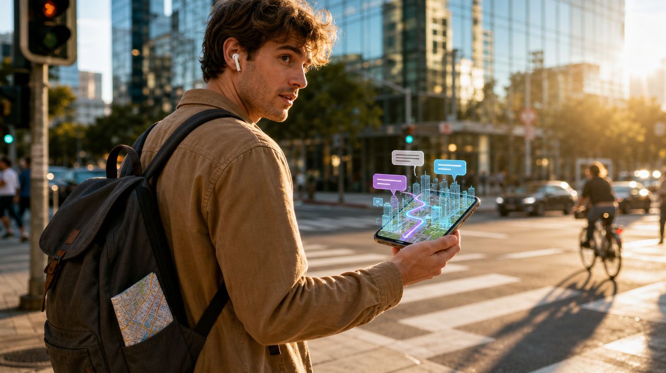 Homem com mochila usando fone de ouvido consulta mapa digital com rota holográfica em rua urbana ao entardecer.