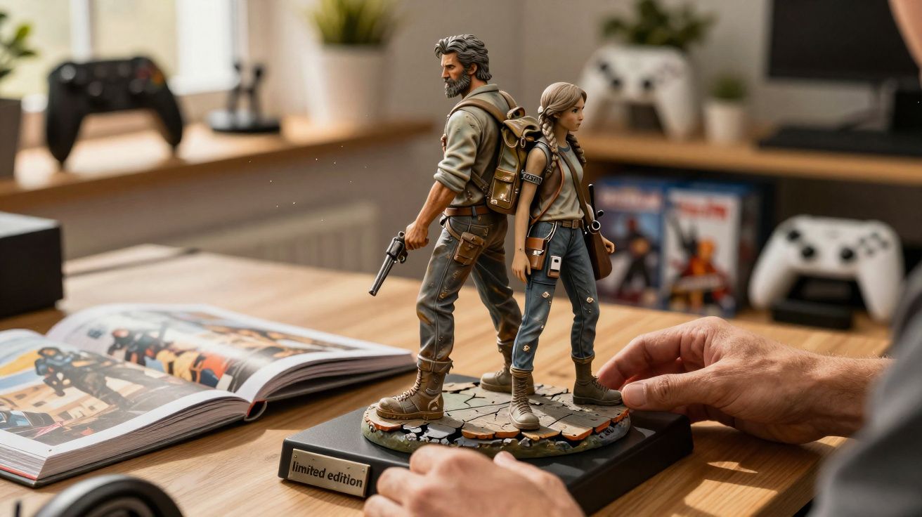 Estatueta colecionável de personagens adultos de videogame em base, com mãos manipulando.