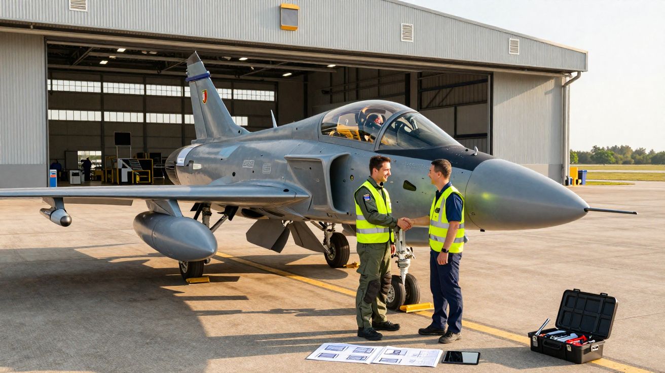Dois homens com coletes refletores apertam as mãos ao lado de um jato militar cinza em hangar.