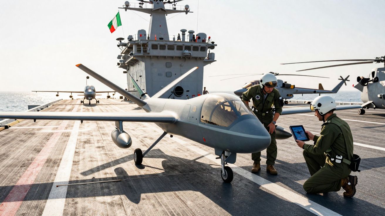 Drone militar cinza sobre o convés de um porta-aviões com dois militares usando capacetes brancos.