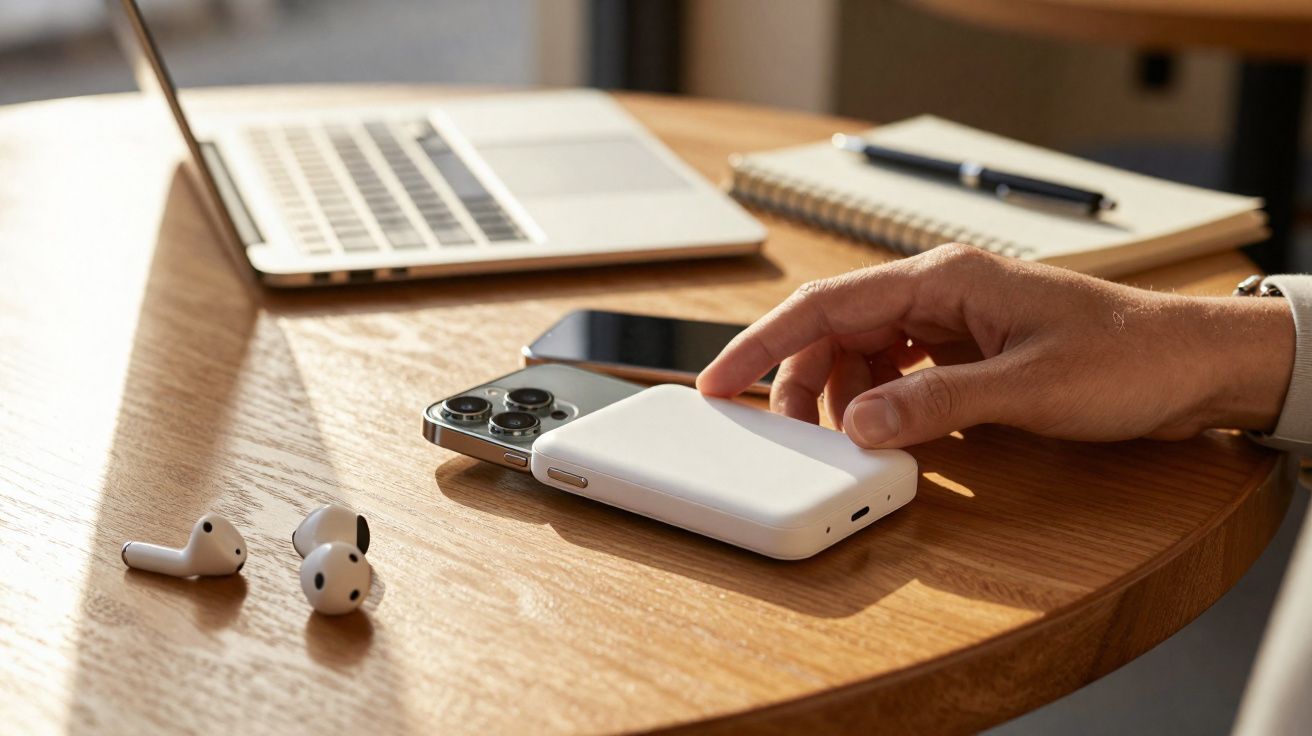 Mão segurando power bank branco sobre celular em mesa de madeira com notebook e fones sem fio.