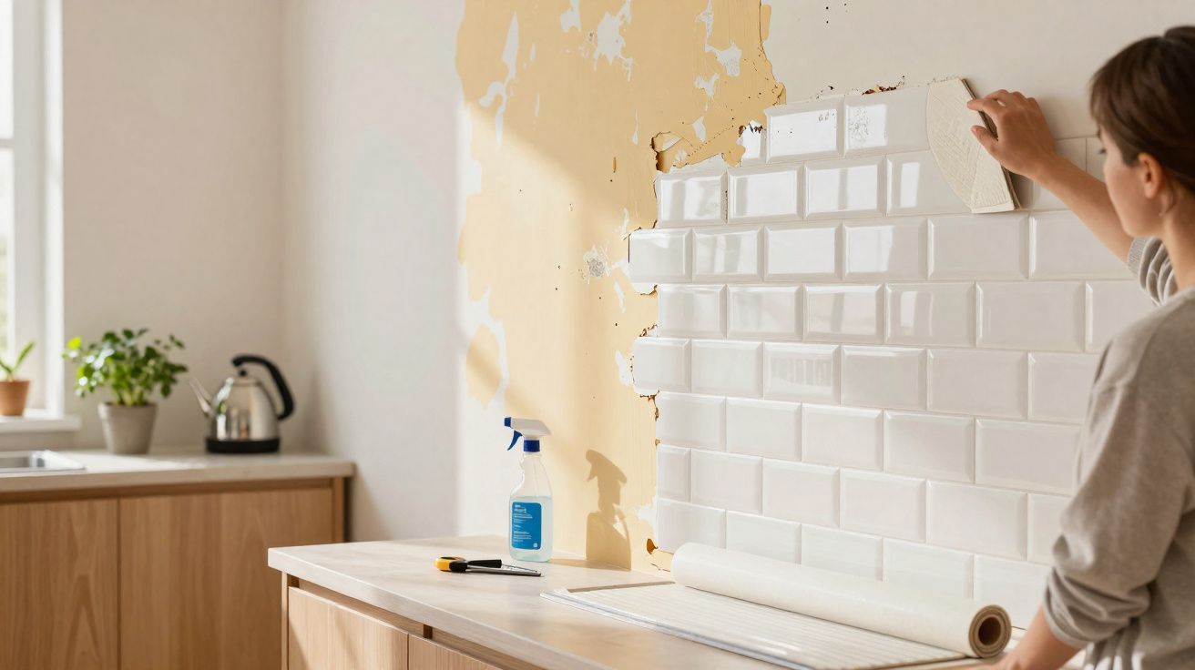 Mulher aplicando papel de parede imitando azulejo branco na cozinha durante reforma.
