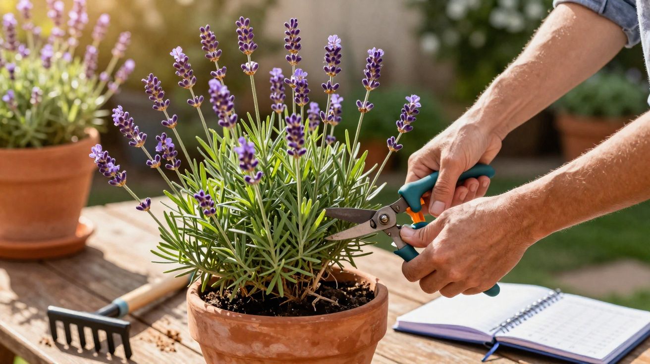 Pessoa aparando planta de lavanda em vaso de barro sobre mesa de madeira ao ar livre.