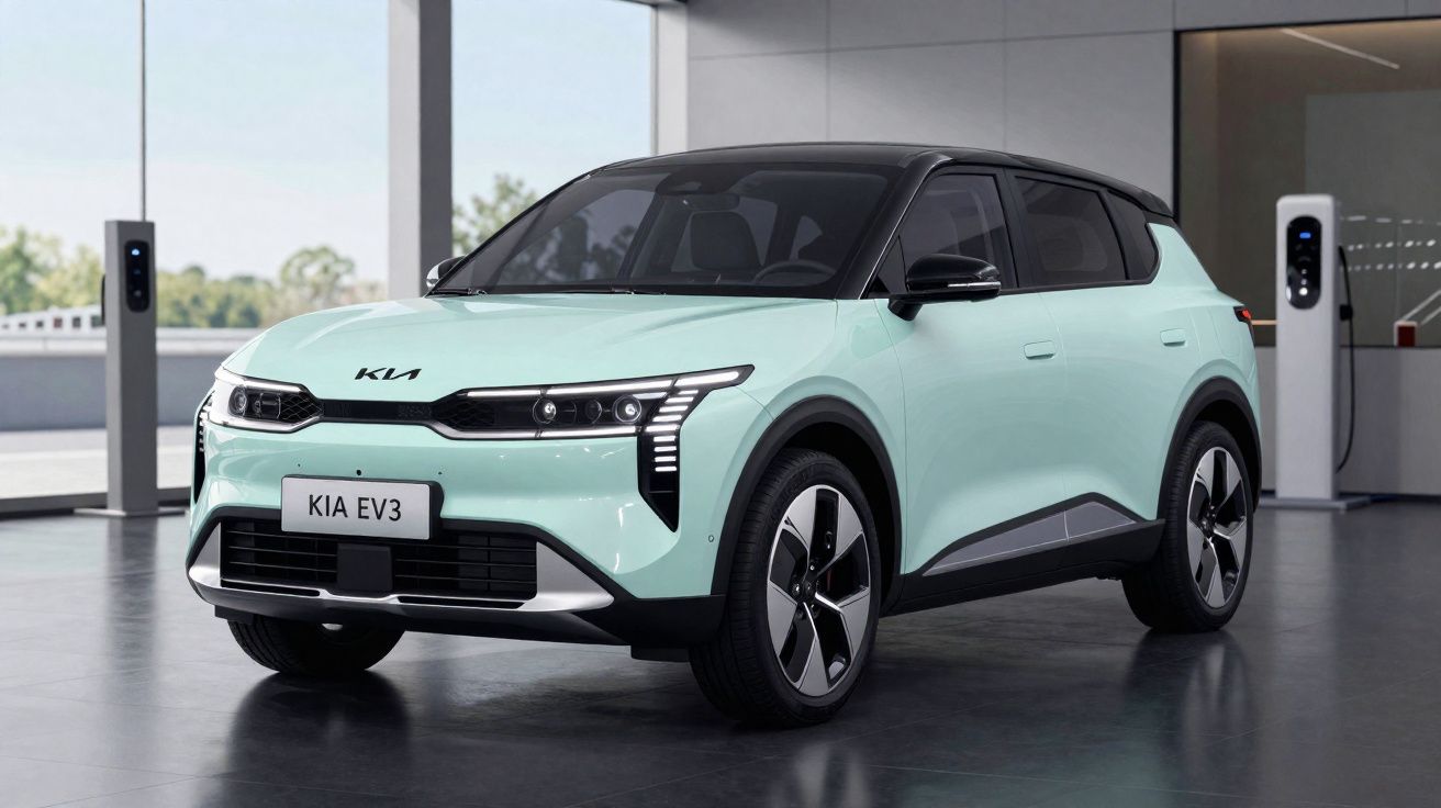 Carro elétrico Kia EV3 na cor azul claro com teto preto em ambiente fechado moderno.