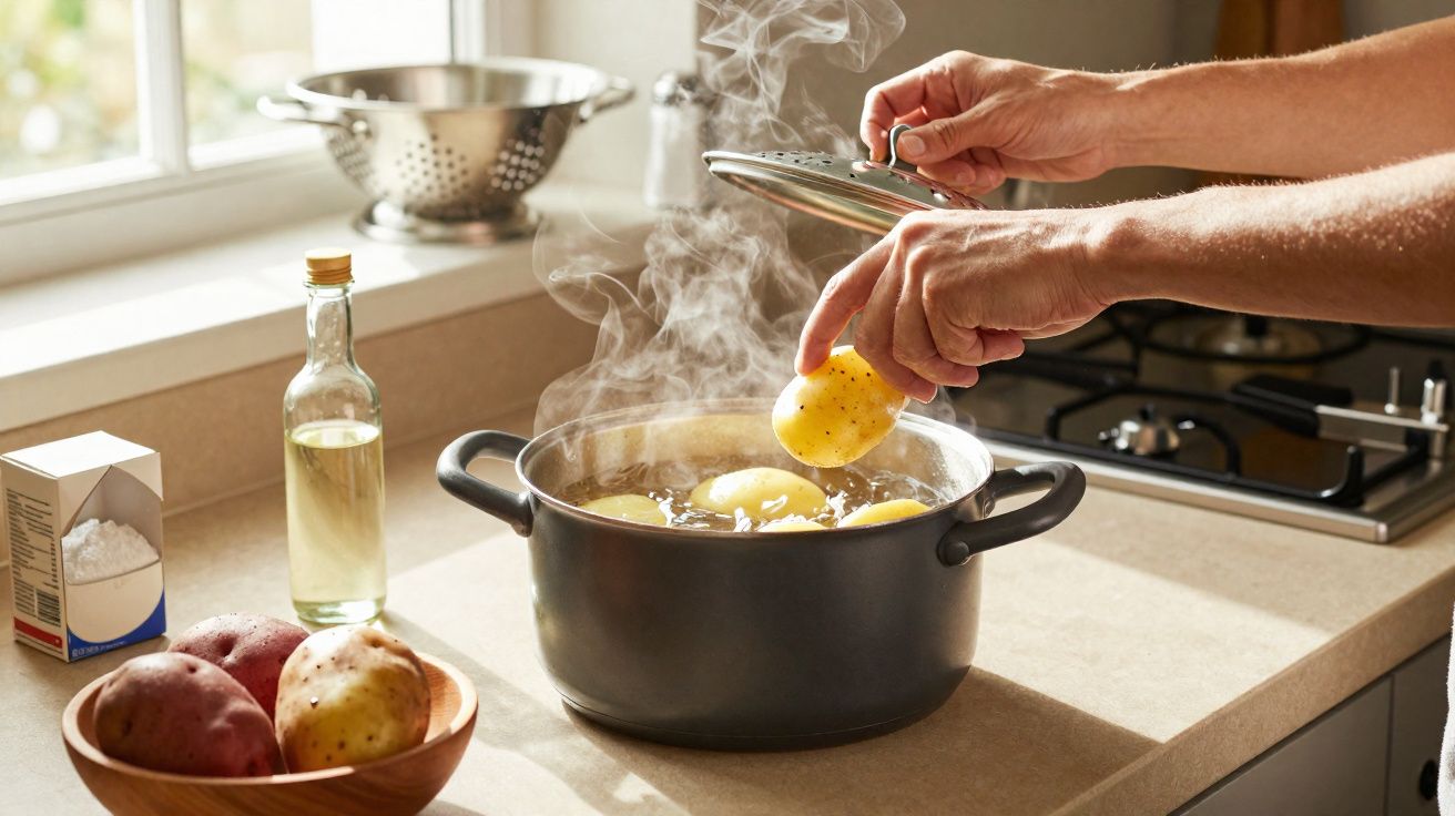 Mãos retiram batatas ferventes de uma panela preta em fogão, com vapor visível na cozinha iluminada.