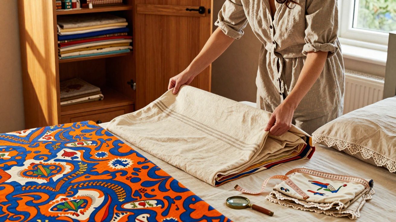 Pessoa dobrando tecido bege sobre cama com tecido estampado colorido e utensílios de costura ao lado.