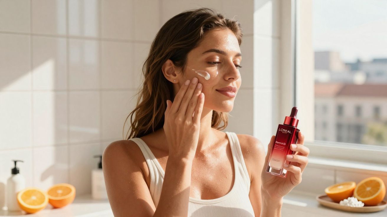 Mulher aplica creme no rosto segurando frasco de sérum facial em ambiente iluminado por luz natural.