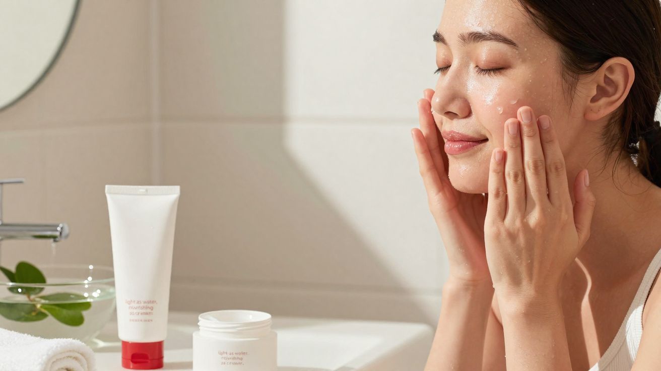 Mulher aplicando creme hidratante no rosto em banheiro com produtos de cuidados e toalha ao lado.