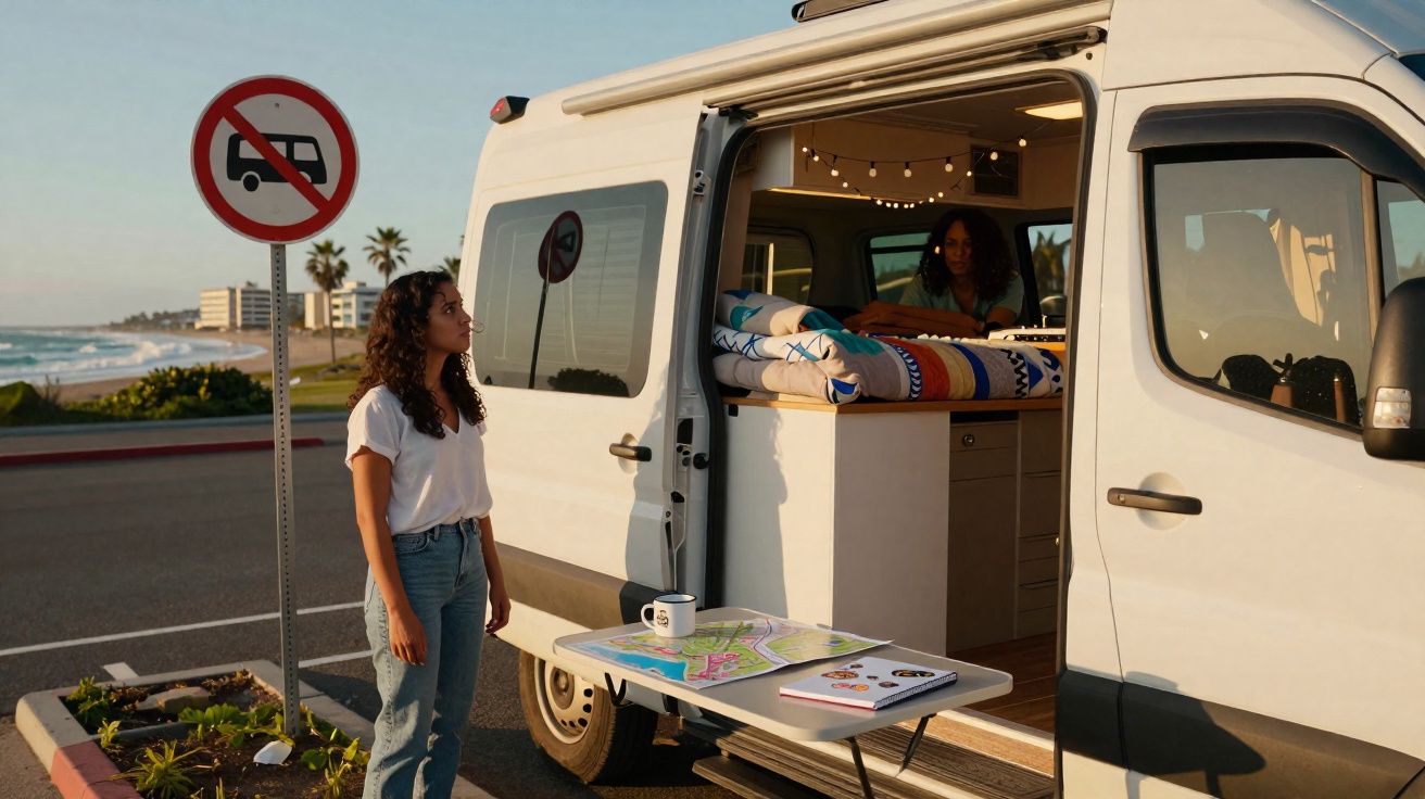 Mulher ao lado de van branca estacionada perto da praia com mesa e objetos de viagem ao ar livre.