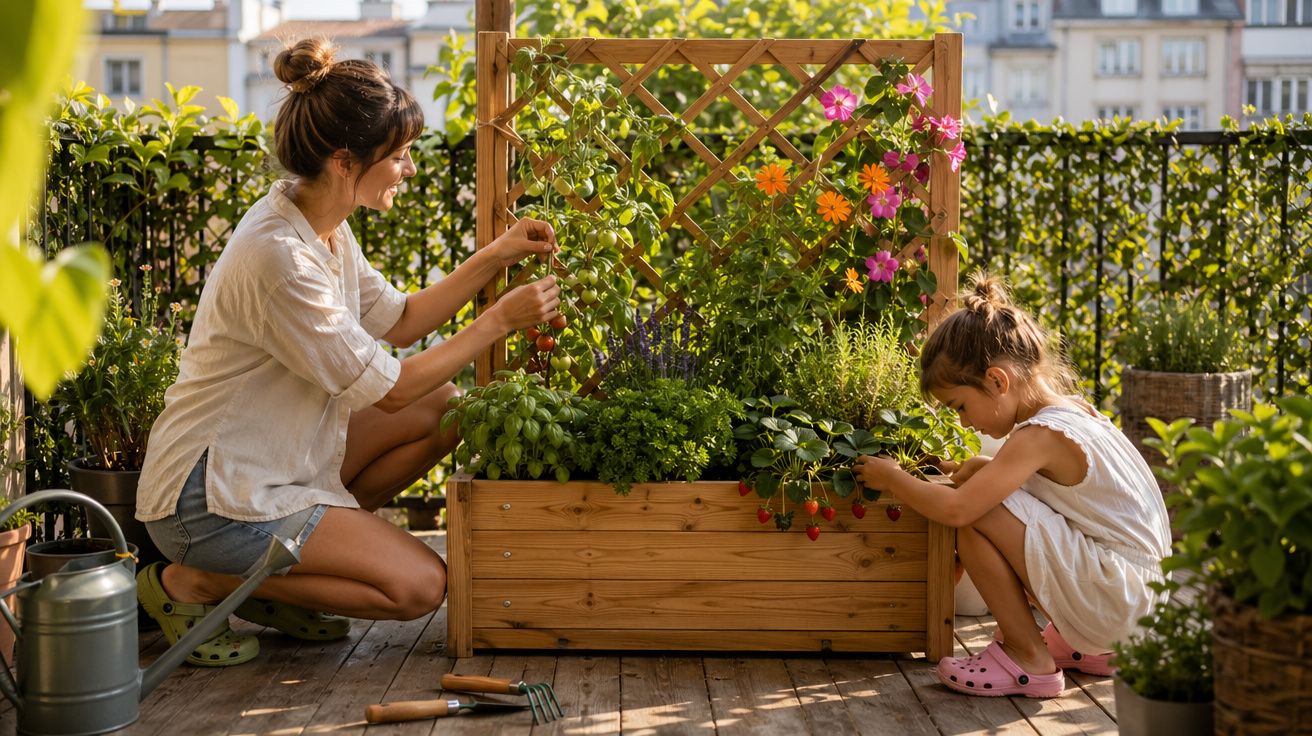 Mãe e filha cuidando de plantas em jardim vertical de madeira em varanda ensolarada.