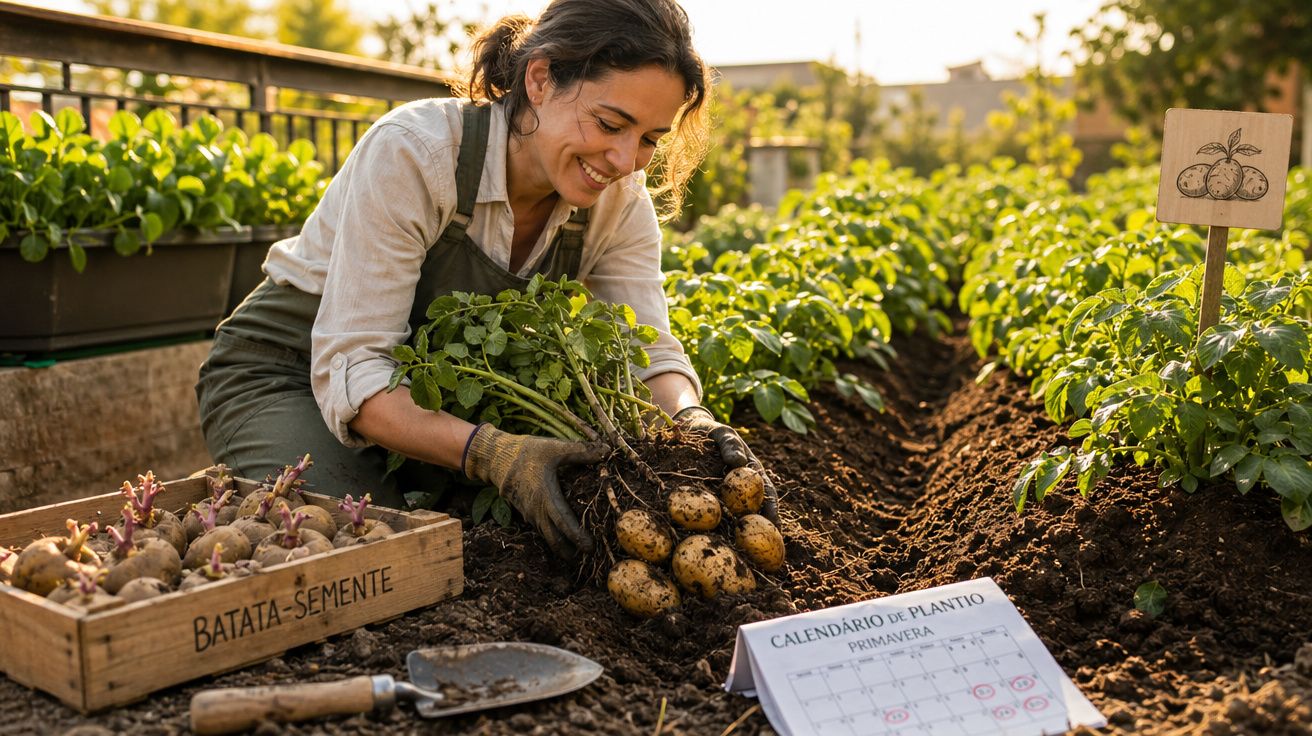 Mulher feliz colhendo batatas em horta urbana com caixa de batata-semente e calendário de plantio.