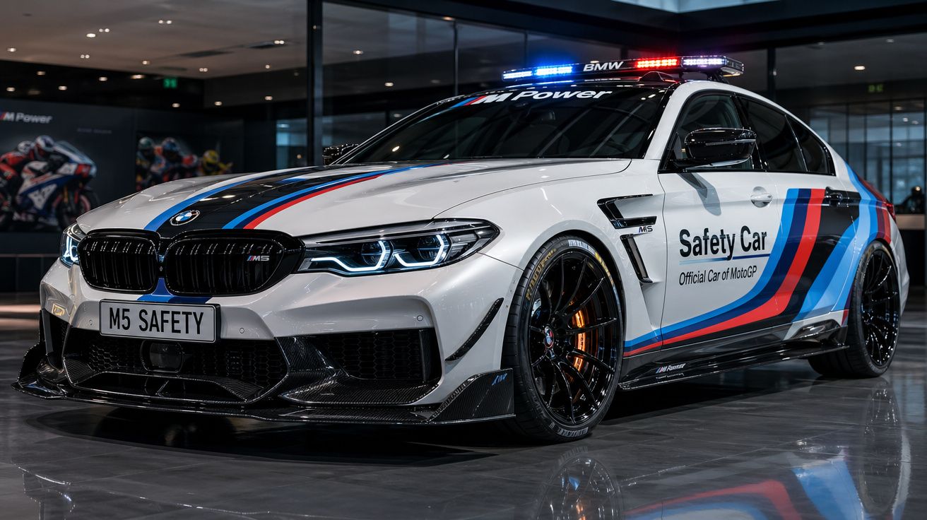 Carro de segurança BMW M5 branco com luzes de emergência e detalhes em azul, vermelho e preto, em ambiente interno.