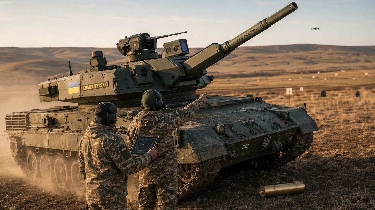 Dois soldados com uniformes camuflados operam tanque militar com bandeira da Ucrânia em terreno aberto seco.